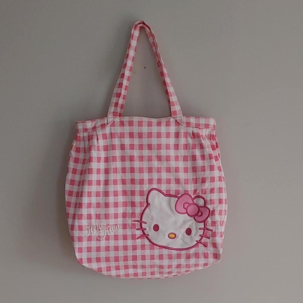 Sanrio Large Hello Kitty Pink Checkered Gingham zippered Tote Bag